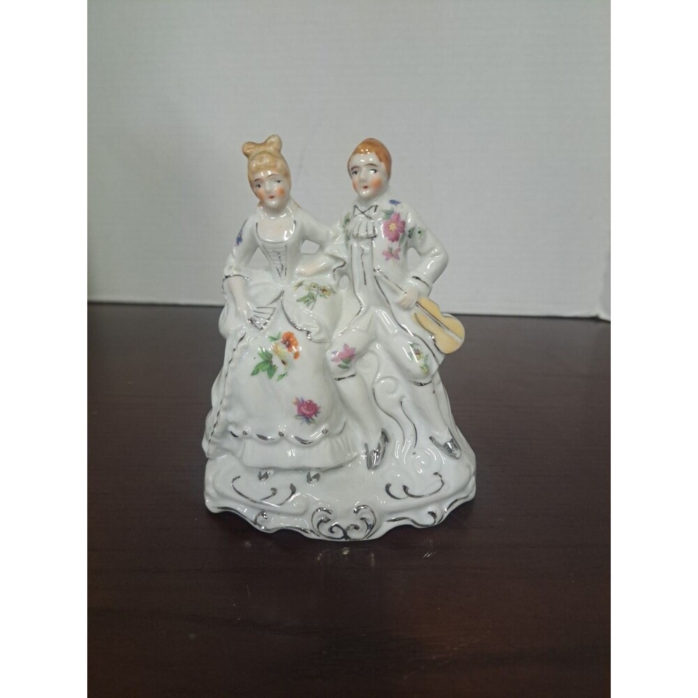 Hand Painted Colonial Couple Silver Trimmed Made In Japan Figurine